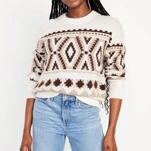 Old Navy Cozy Fair Isle Sweater - Geometric Patterned Cream and Brown Sweater